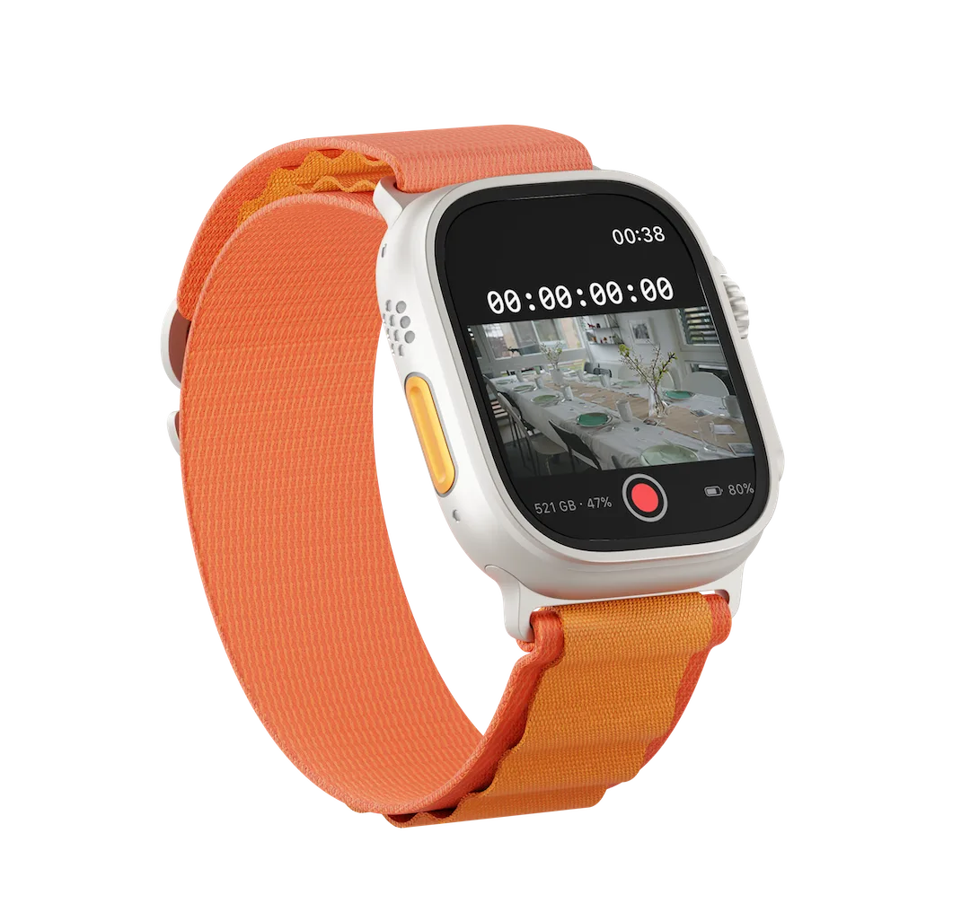 Apple Watch Ultra running the OpenZCine companion: live feed, timecode, storage, and a Record button