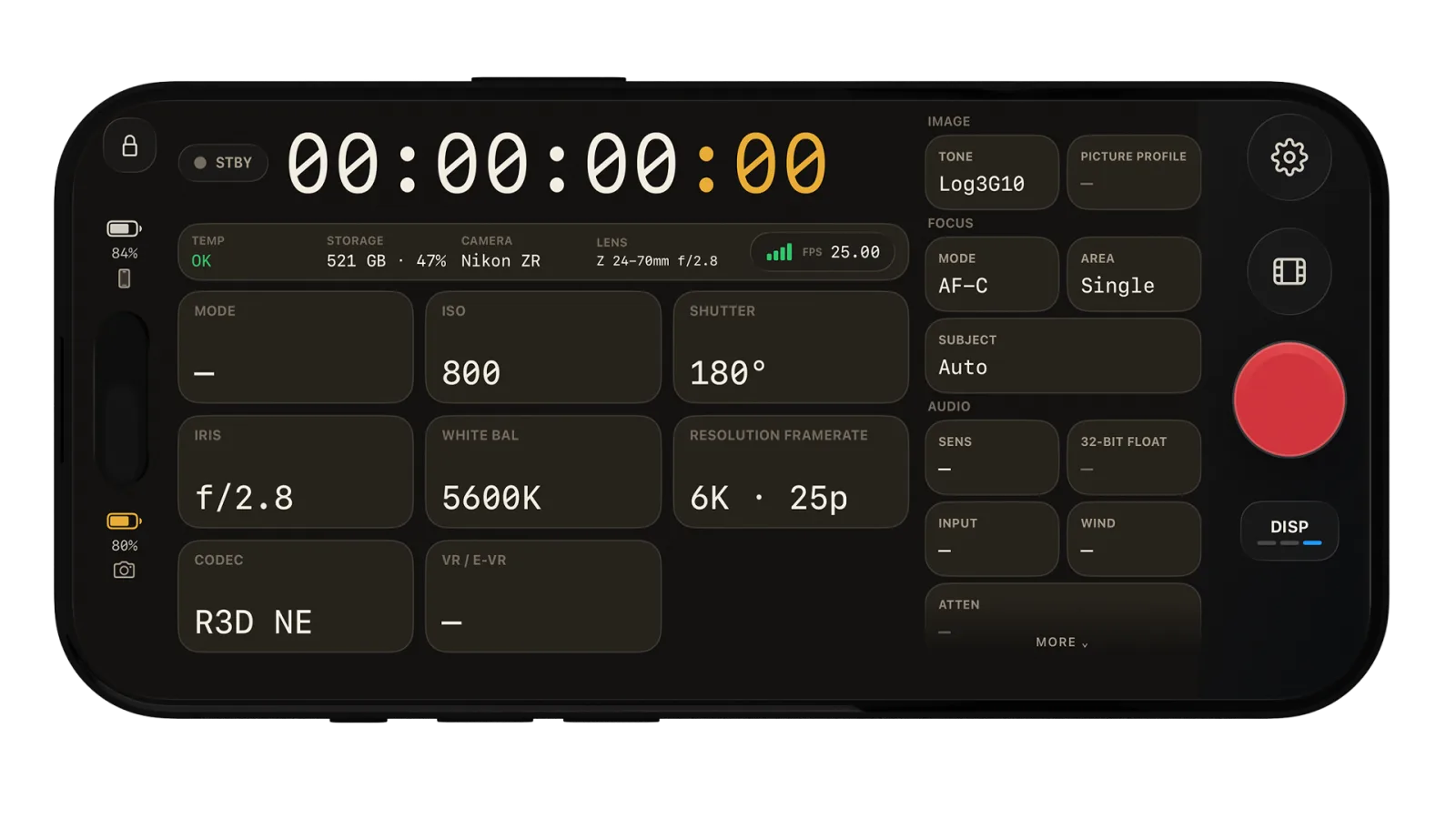 Full camera control screen: ISO, shutter, iris, white balance, codec, and autofocus