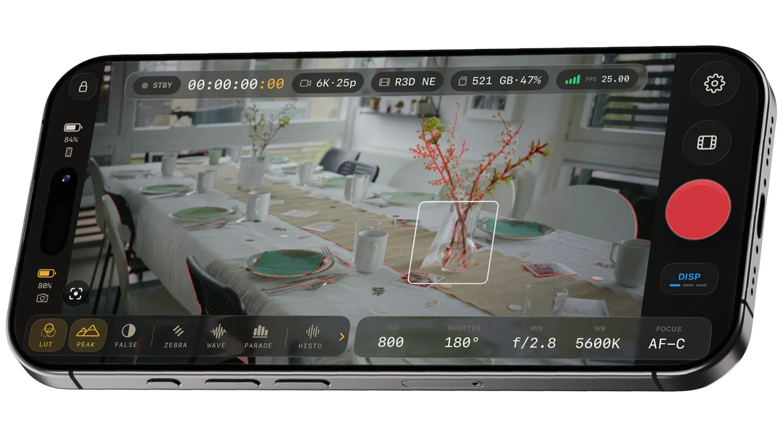 Focus peaking highlighting sharp edges on the live view