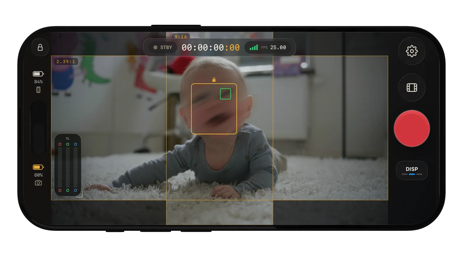 Multiple 2.39:1 and 9:16 aspect markers over the live view