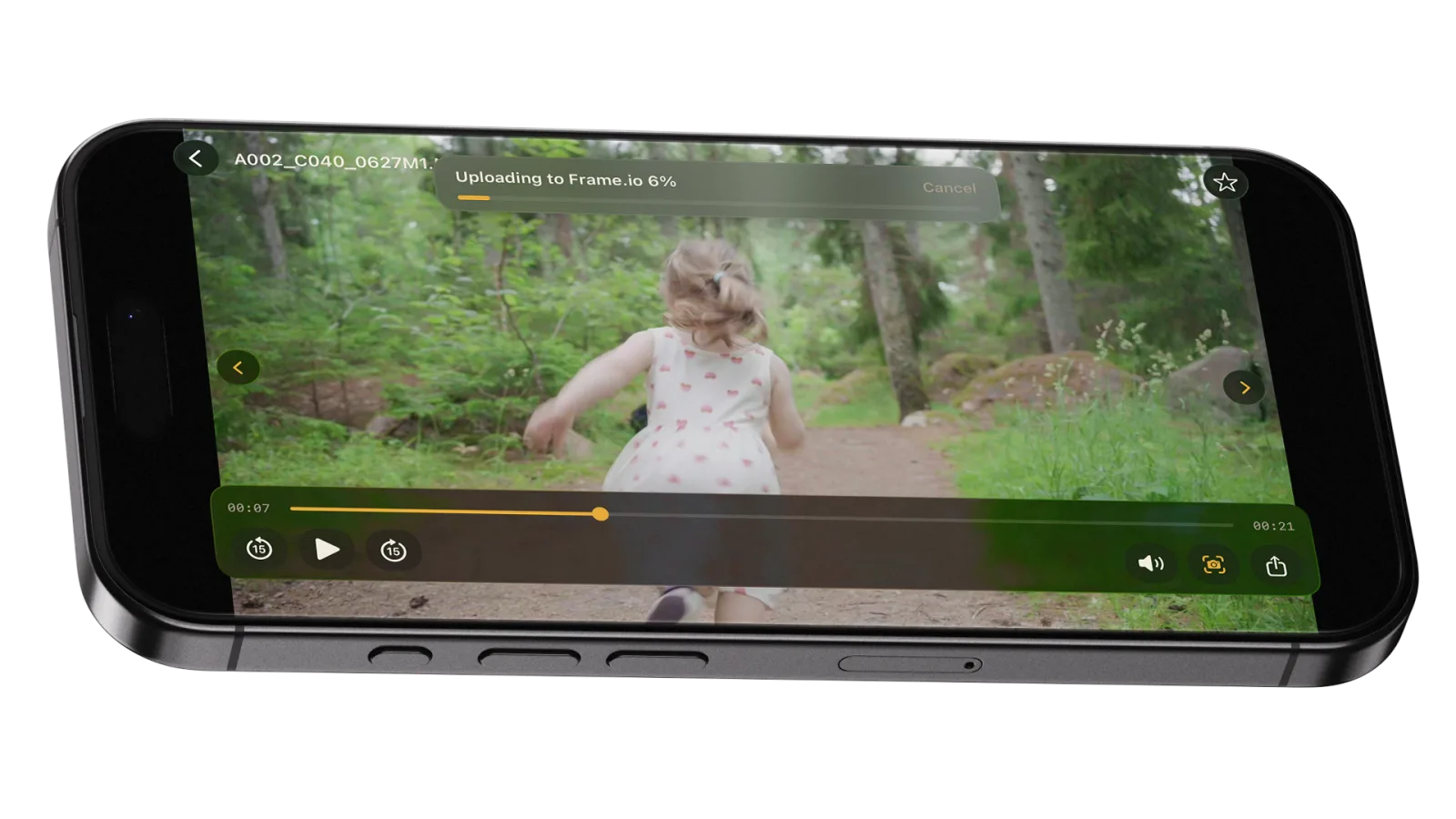 A clip uploading to Frame.io from the playback screen