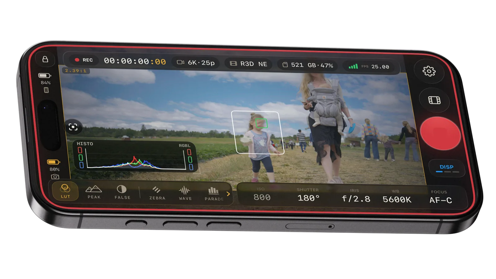 OpenZCine recording: red telltale ring, histogram, aspect markers, subject tracking, and full camera readout