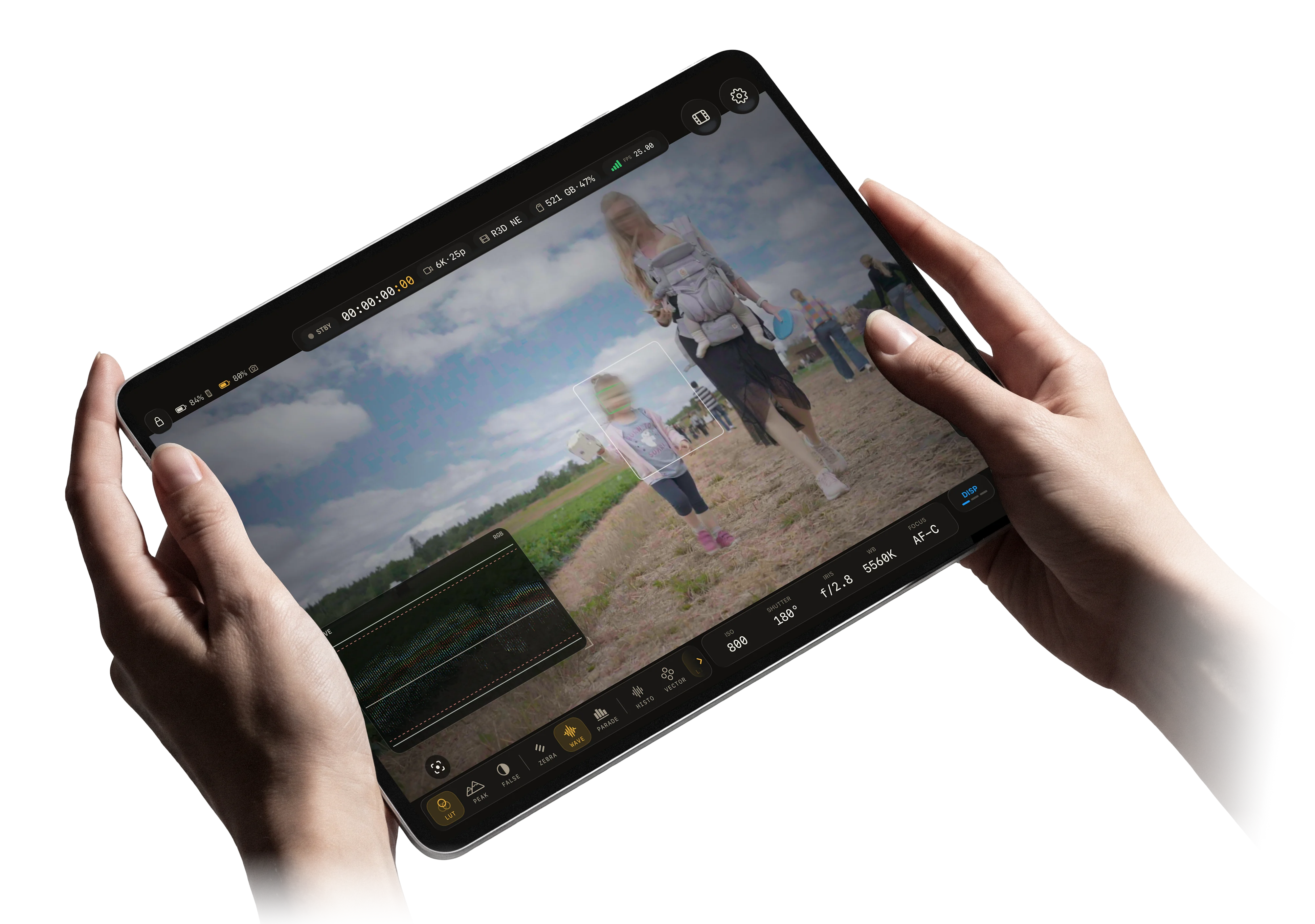 OpenZCine on an 11-inch iPad with RGB waveform, Traffic Lights, subject tracking, and camera controls