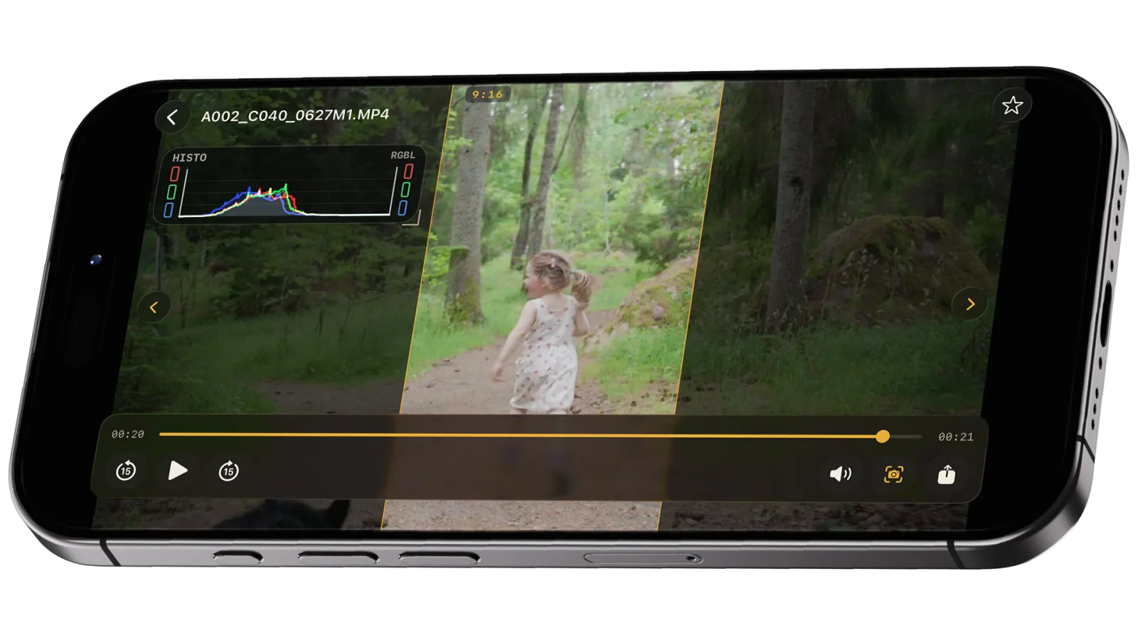 Clip playback with histogram and frame markers overlaid