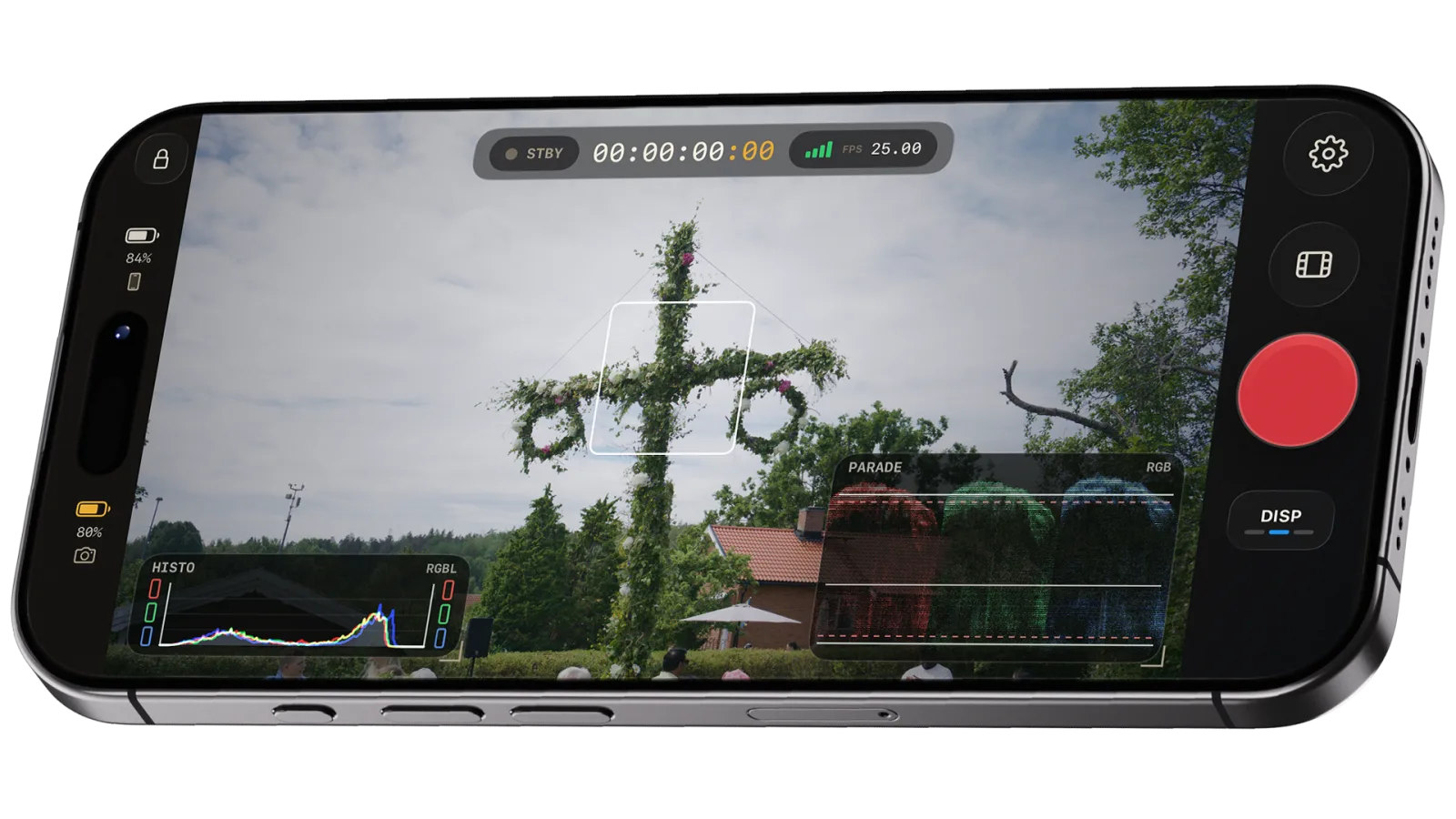 Histogram and RGB parade scopes over a live view
